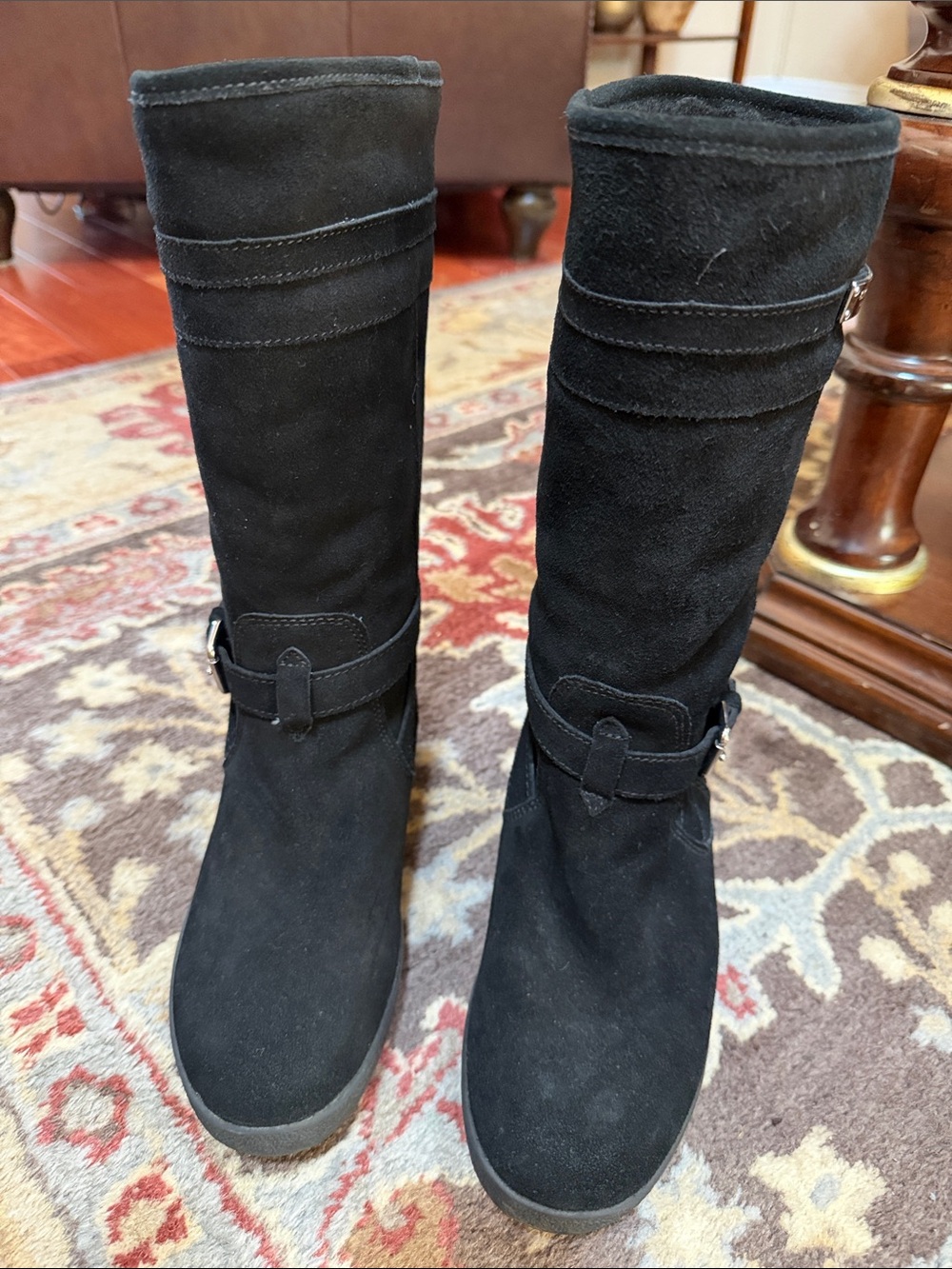 Coach Black Suede Mid-Calf Buckle Boots